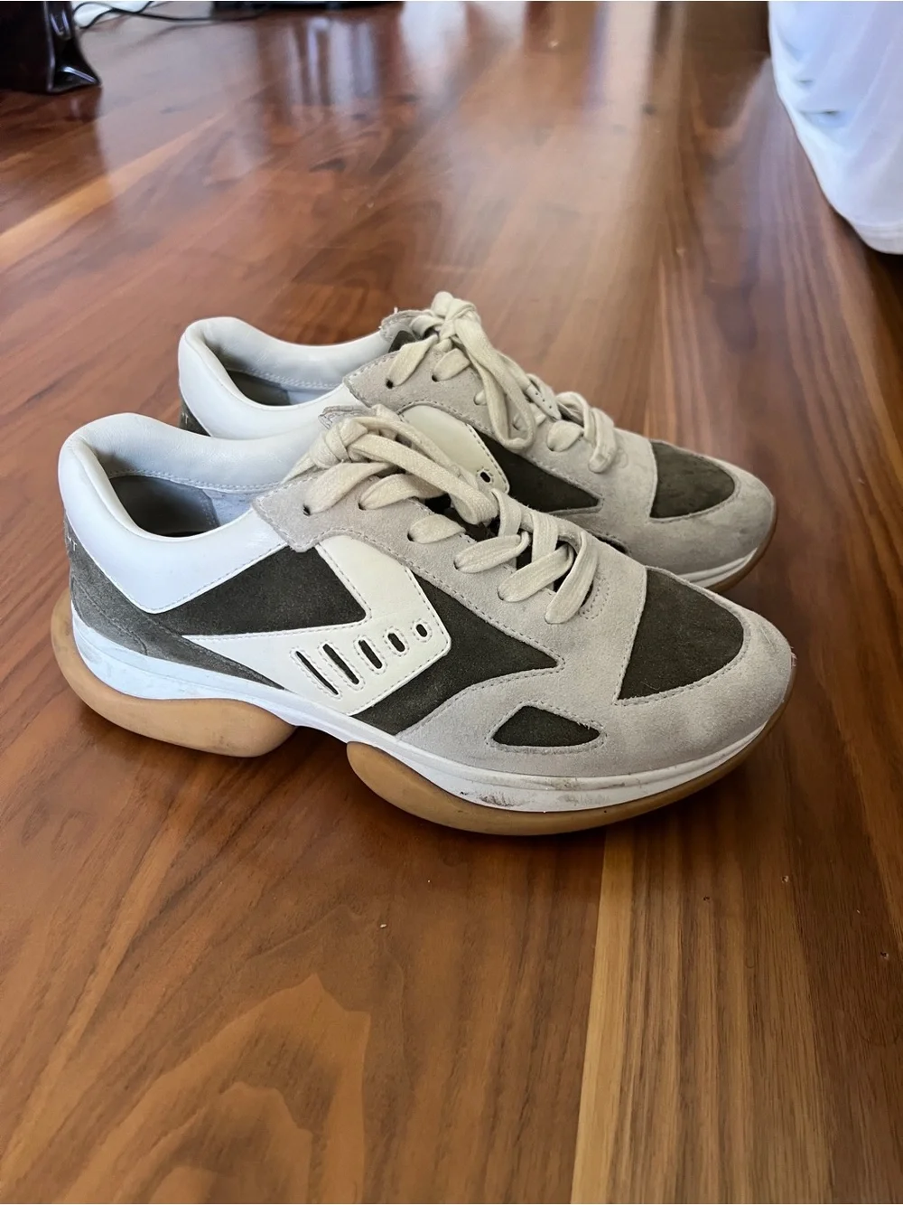 Tory Burch White and Olive Suede Sneakers